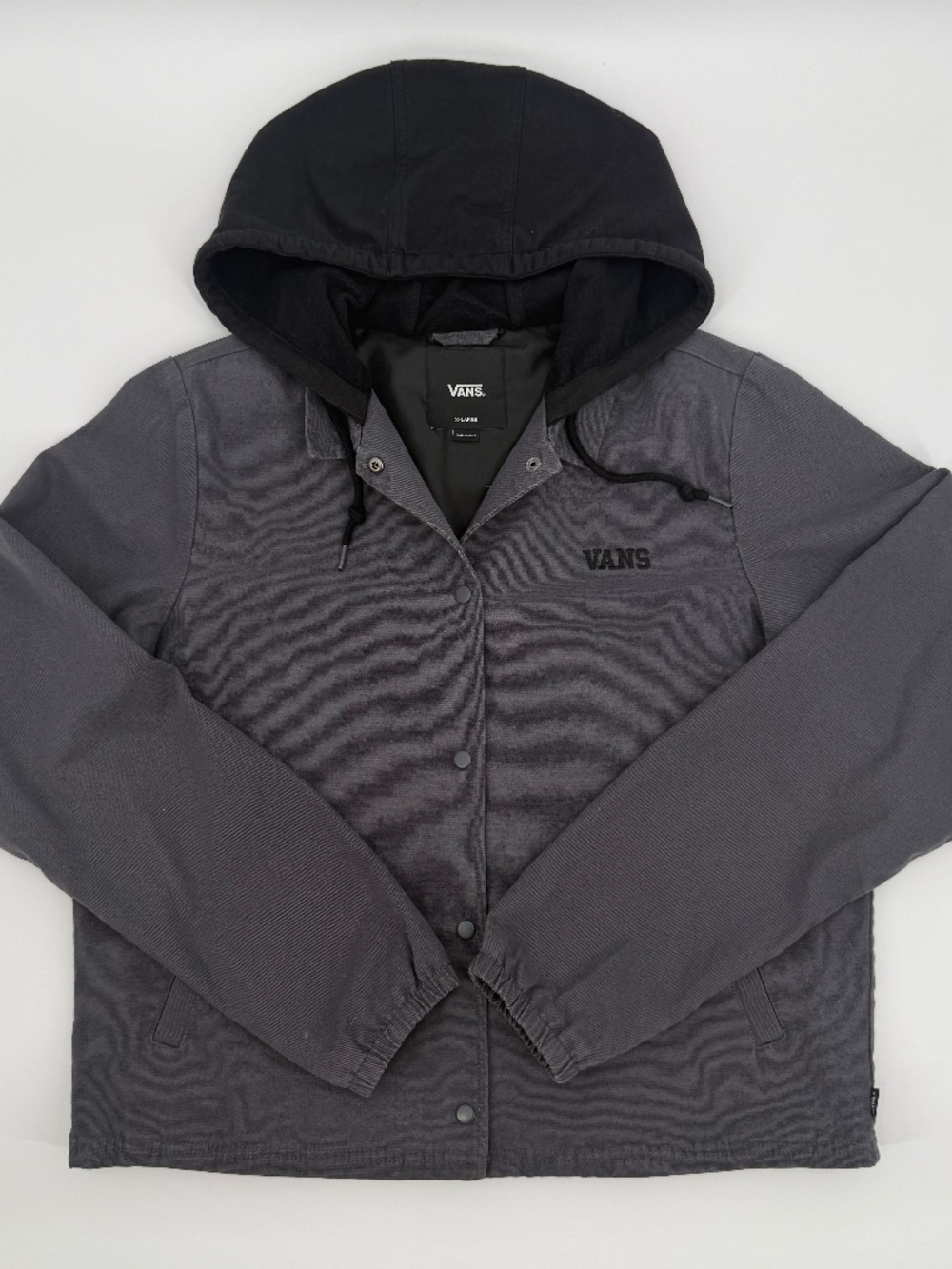 Vans Hooded Coaches Jacket Gray Canvas Snap Button Skate Women XL Men L